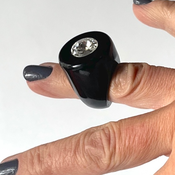 Vintage Size 5.75 Lucite Ring Chunky Flat Top Dome Black w Rhinestone Statement - Picture 12 of 14